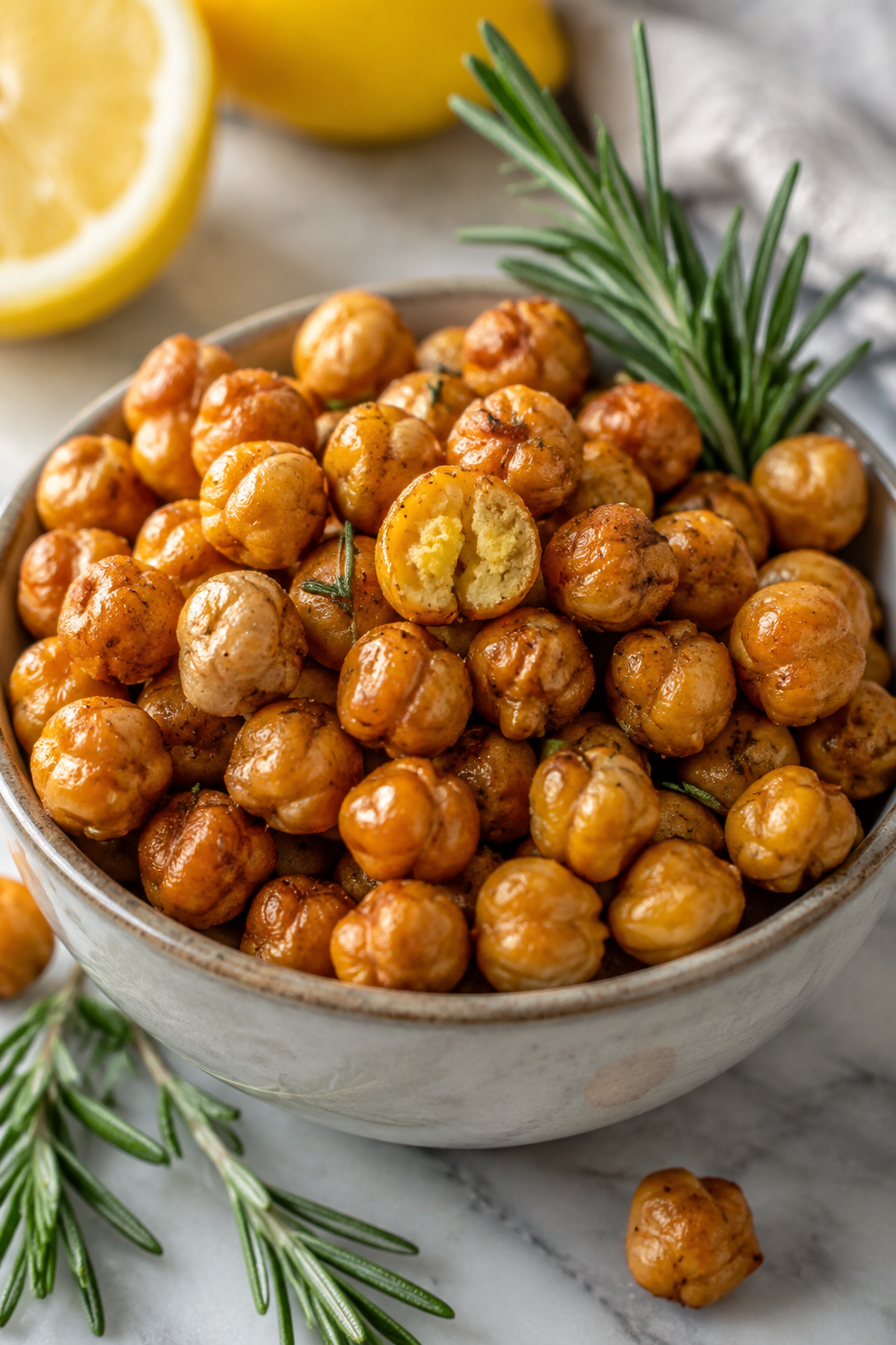 crisp low sodium rosemary roasted chickpeas ready to serve