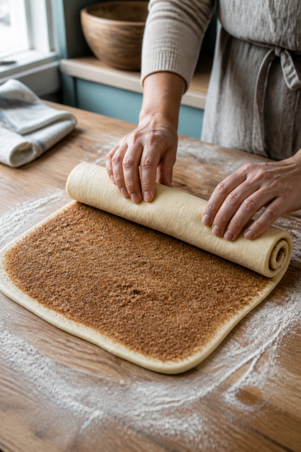 make ahead cinnamon rolls dough being rolled and filled