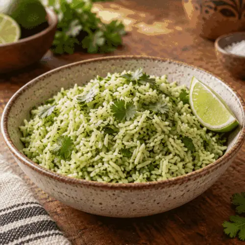 fluffy Mexican green rice with cilantro and lime