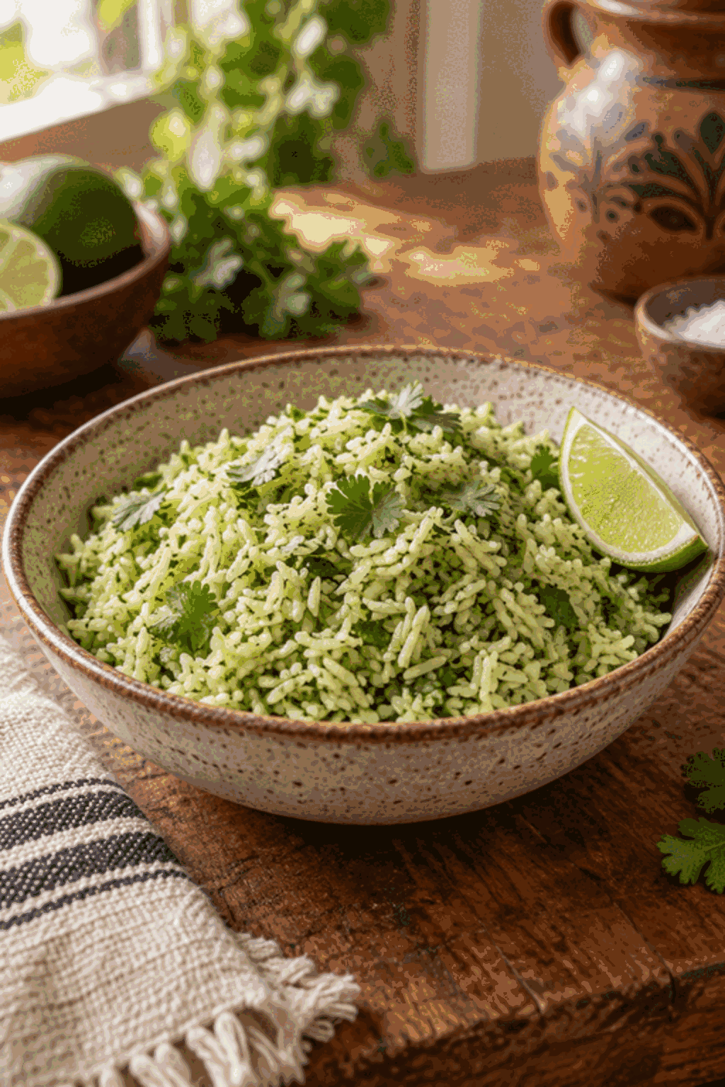 fluffy Mexican green rice with cilantro and lime