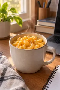 Microwave mug mac and cheese with melted cheddar