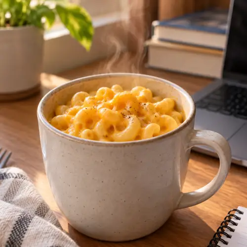Microwave mug mac and cheese with melted cheddar
