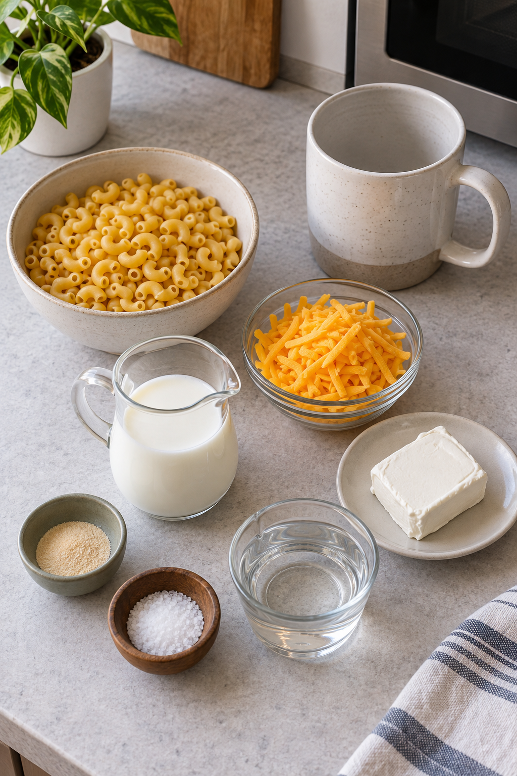 Ingredients for dorm room recipes arranged beside a microwave-safe mug