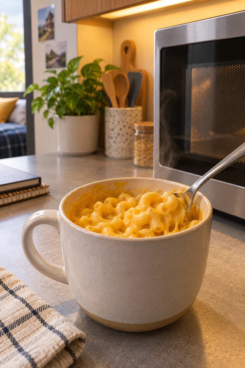 Stirring microwave macaroni with milk and cheddar