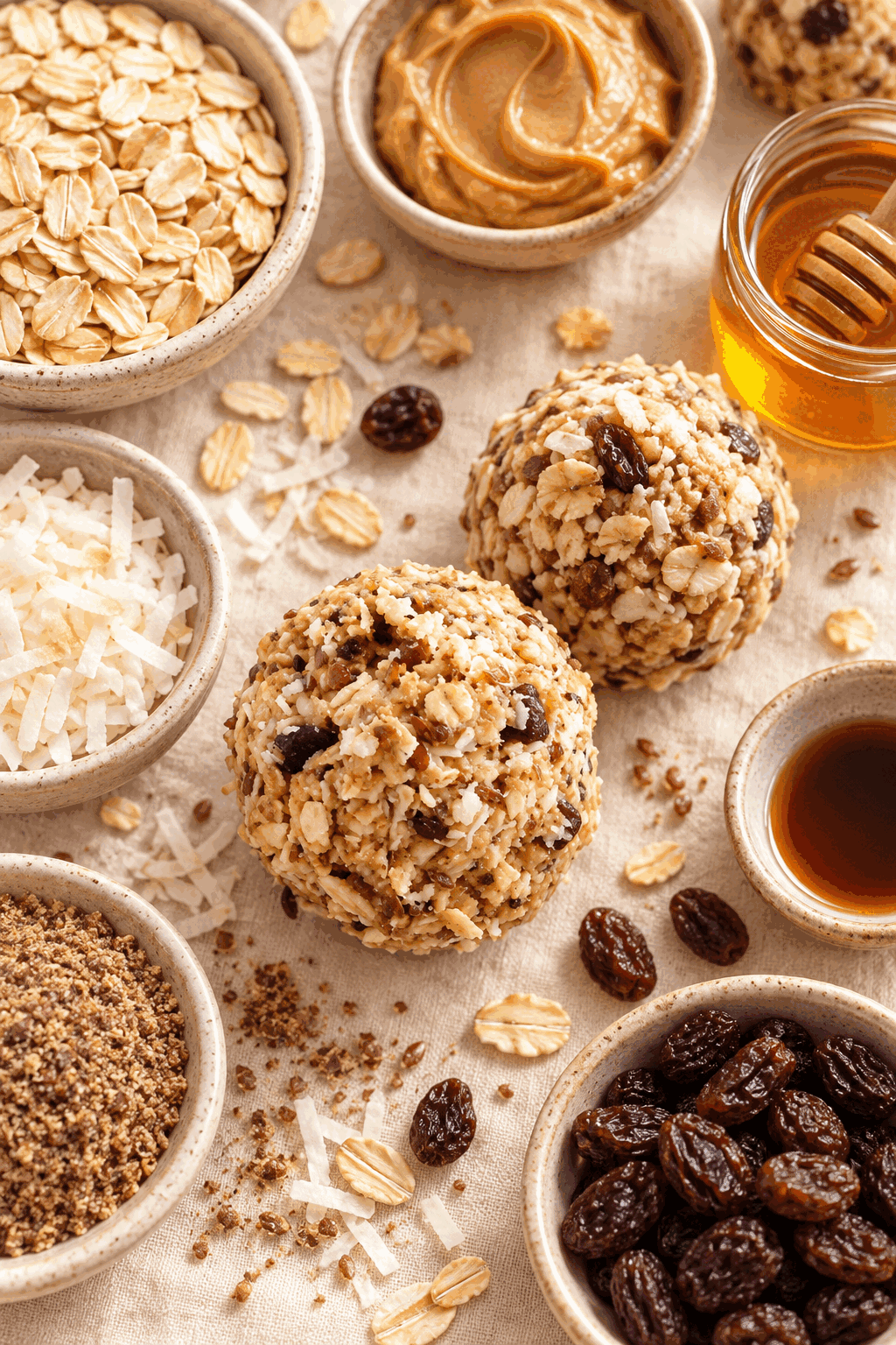 Ingredients for oatmeal raisin no-bake energy bites