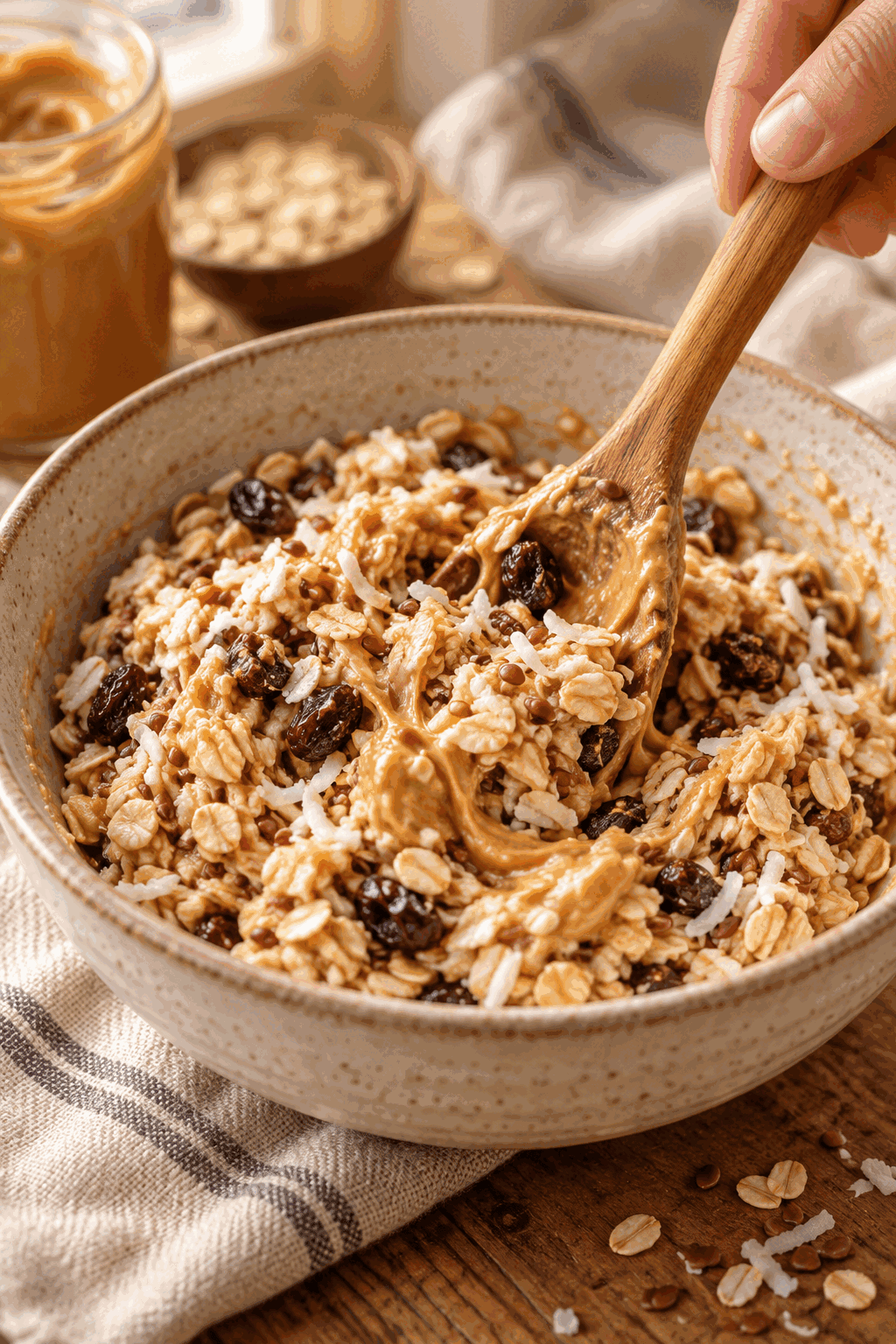 Mixing the oatmeal raisin no-bake energy bite mixture