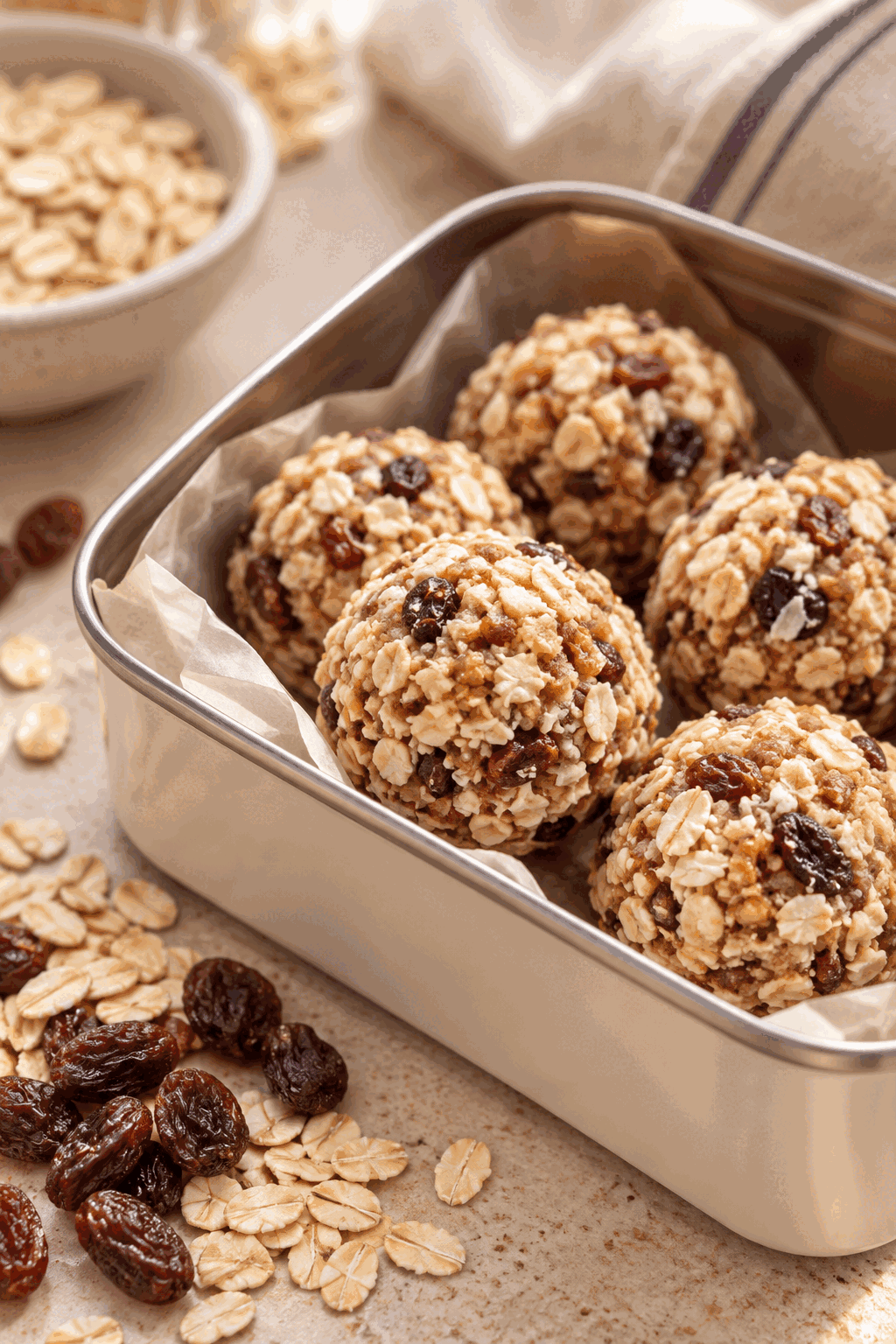 Finished oatmeal raisin no-bake energy bites ready to serve