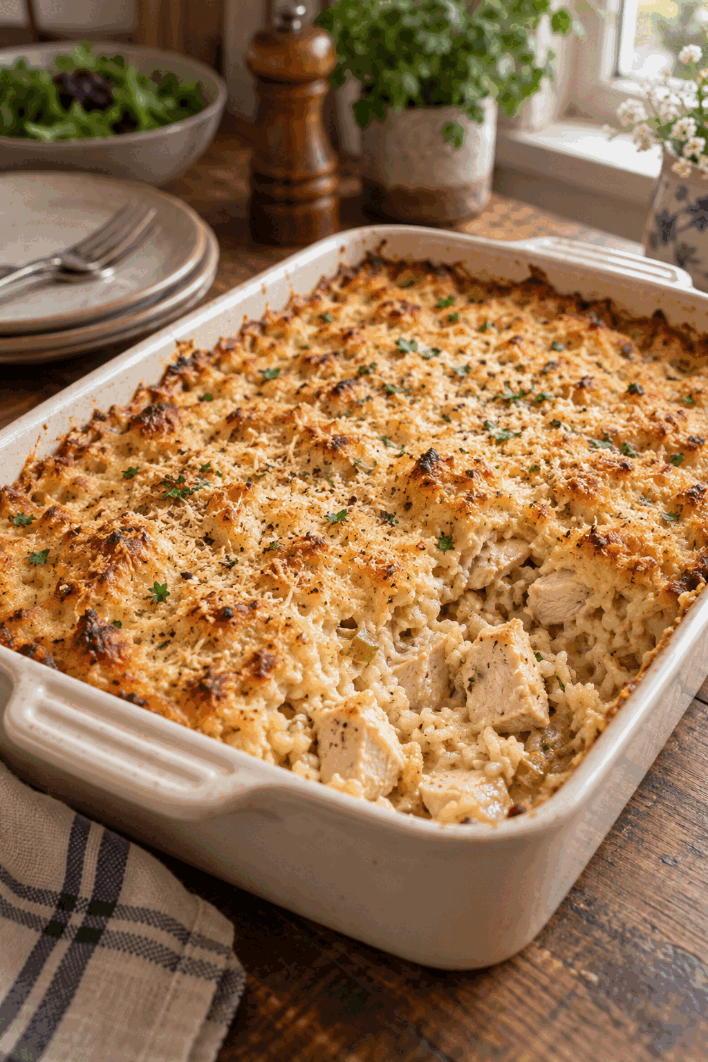 old school chicken and rice casserole being prepared