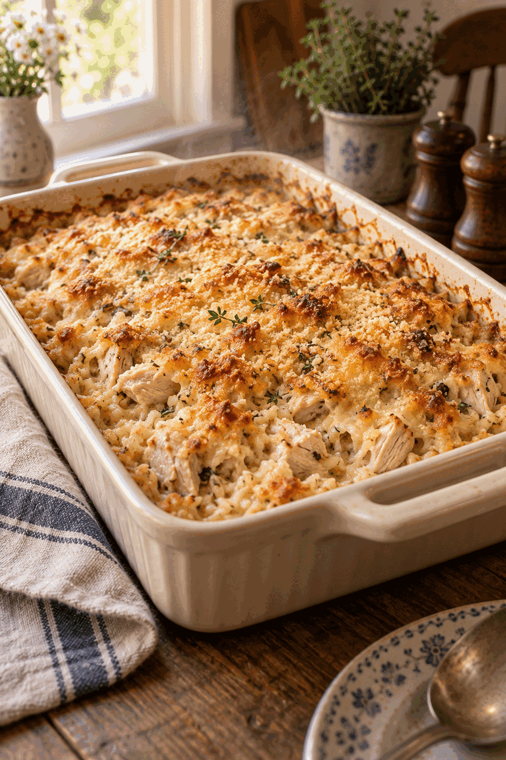 baked old school chicken and rice casserole served hot