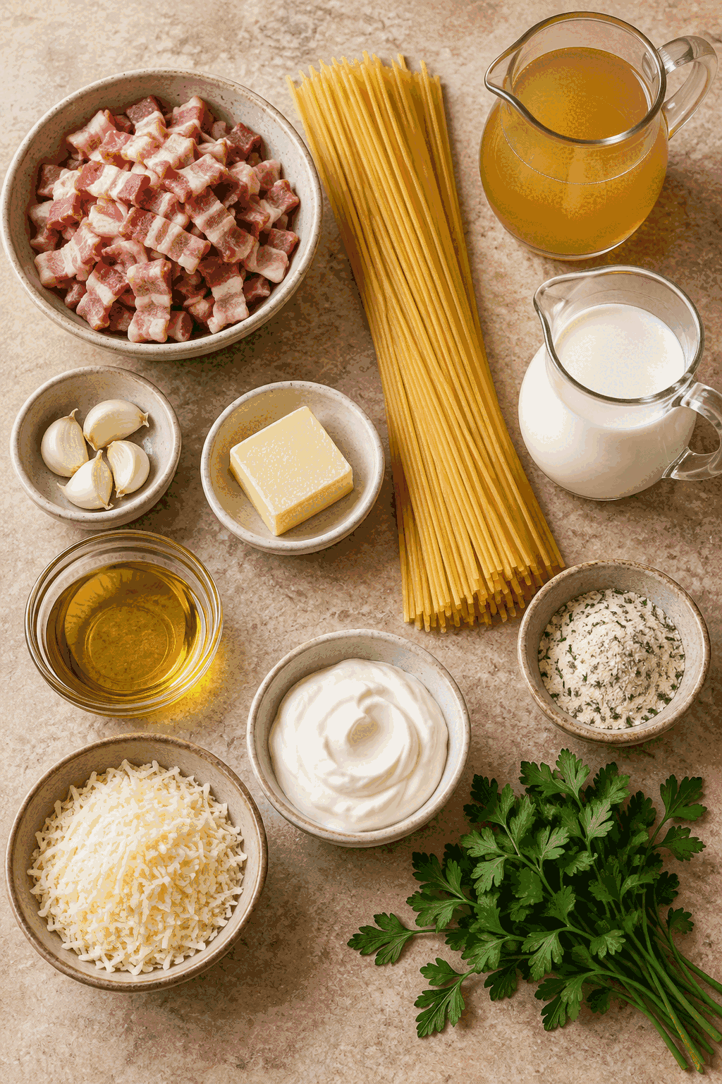 Bacon ranch pasta ingredients arranged for cooking