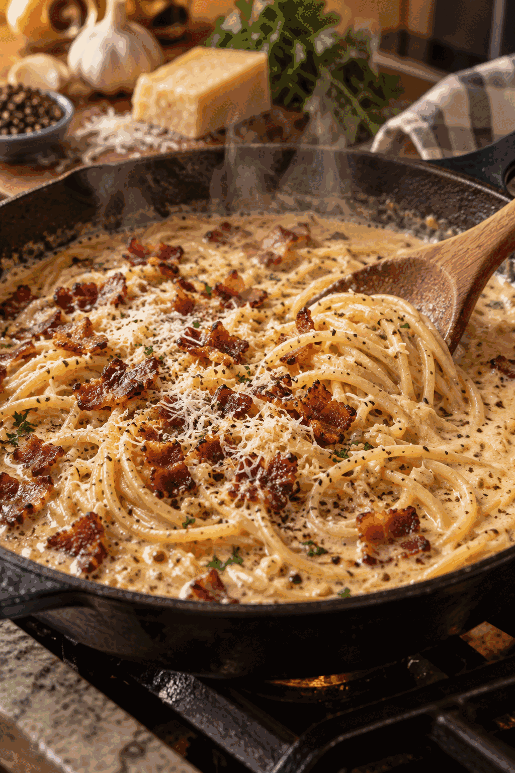 Bacon ranch pasta simmering in one skillet