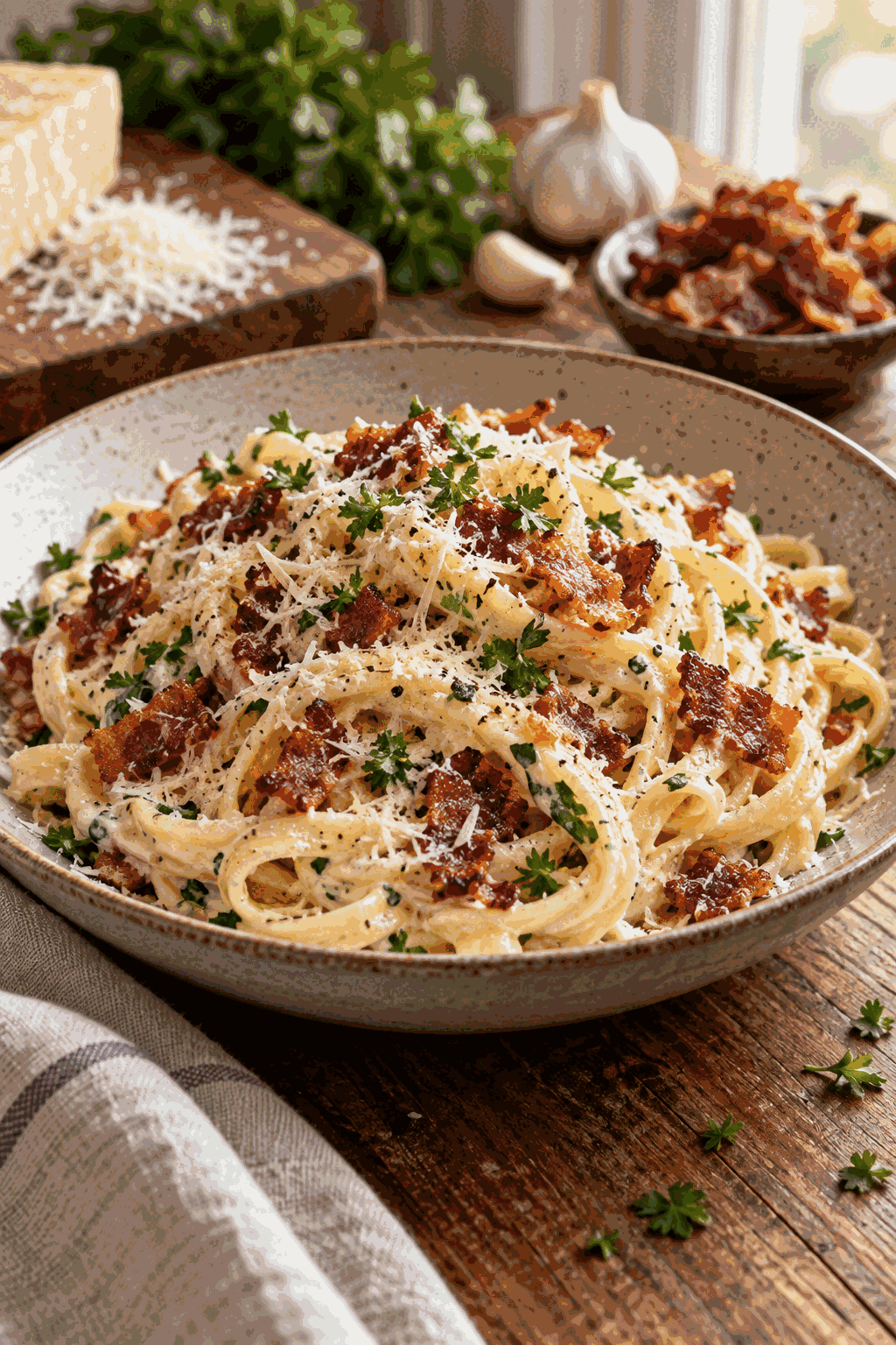 Creamy bacon ranch pasta ready to serve