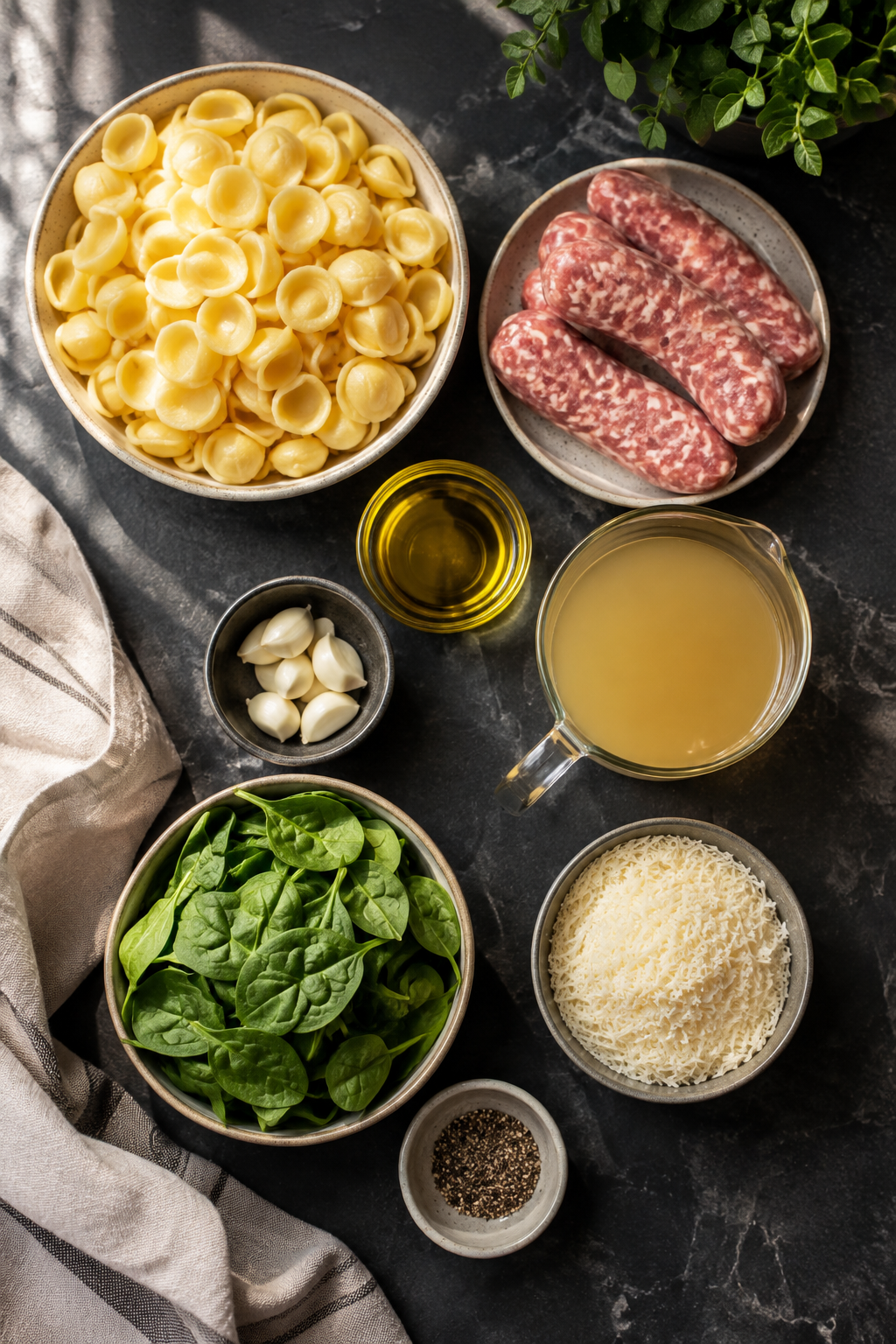 one-pan orecchiette for two ingredients measured and arranged