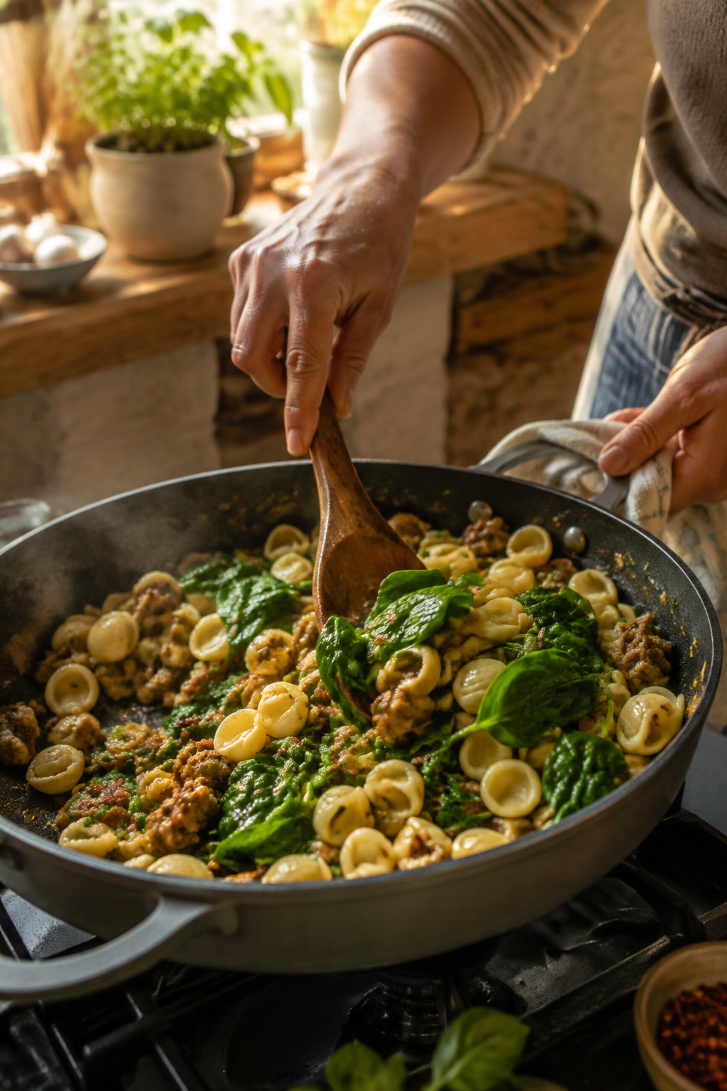 one-pan orecchiette for two preparation in progress