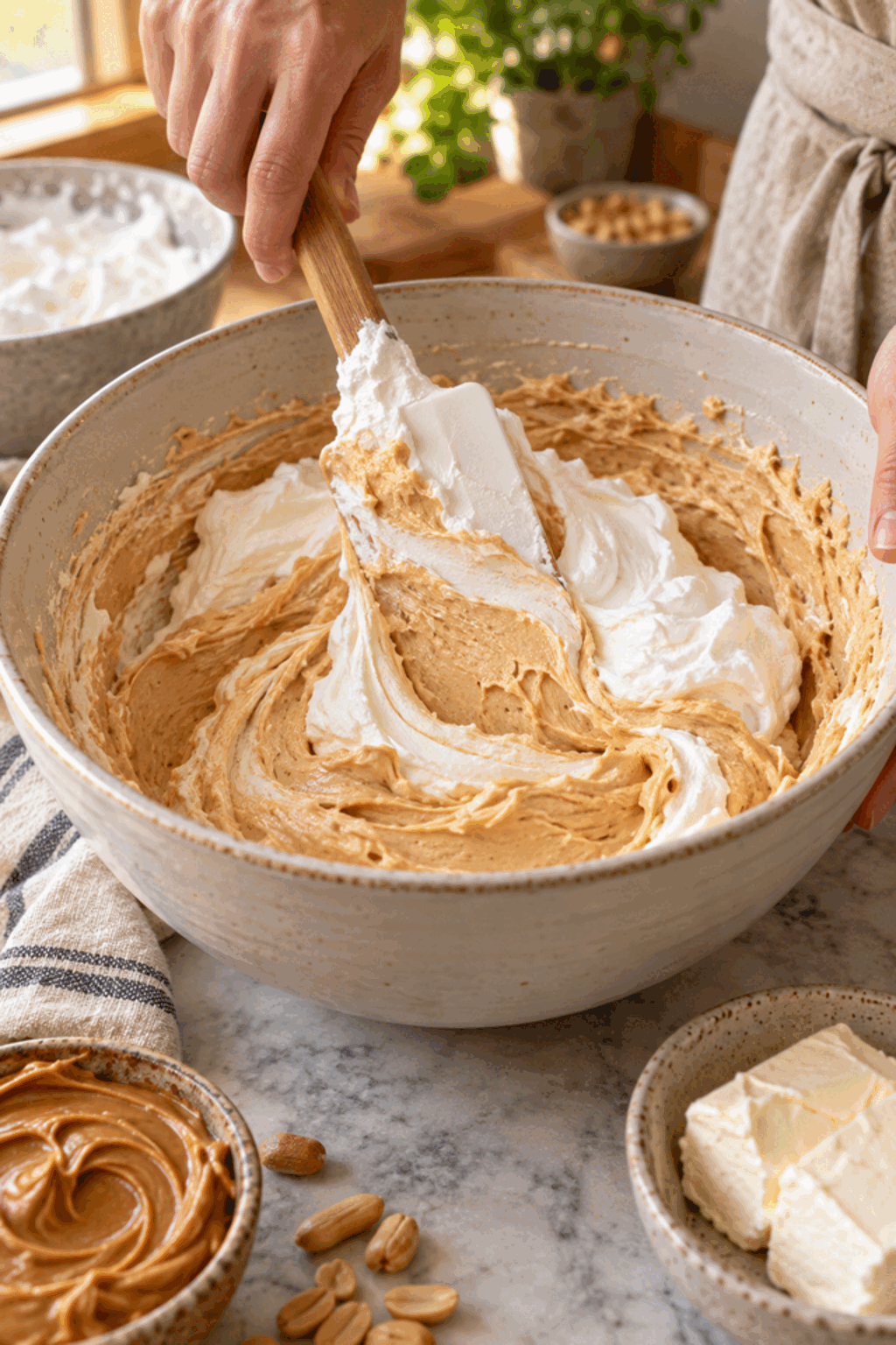 folding whipped cream into peanut butter pie filling
