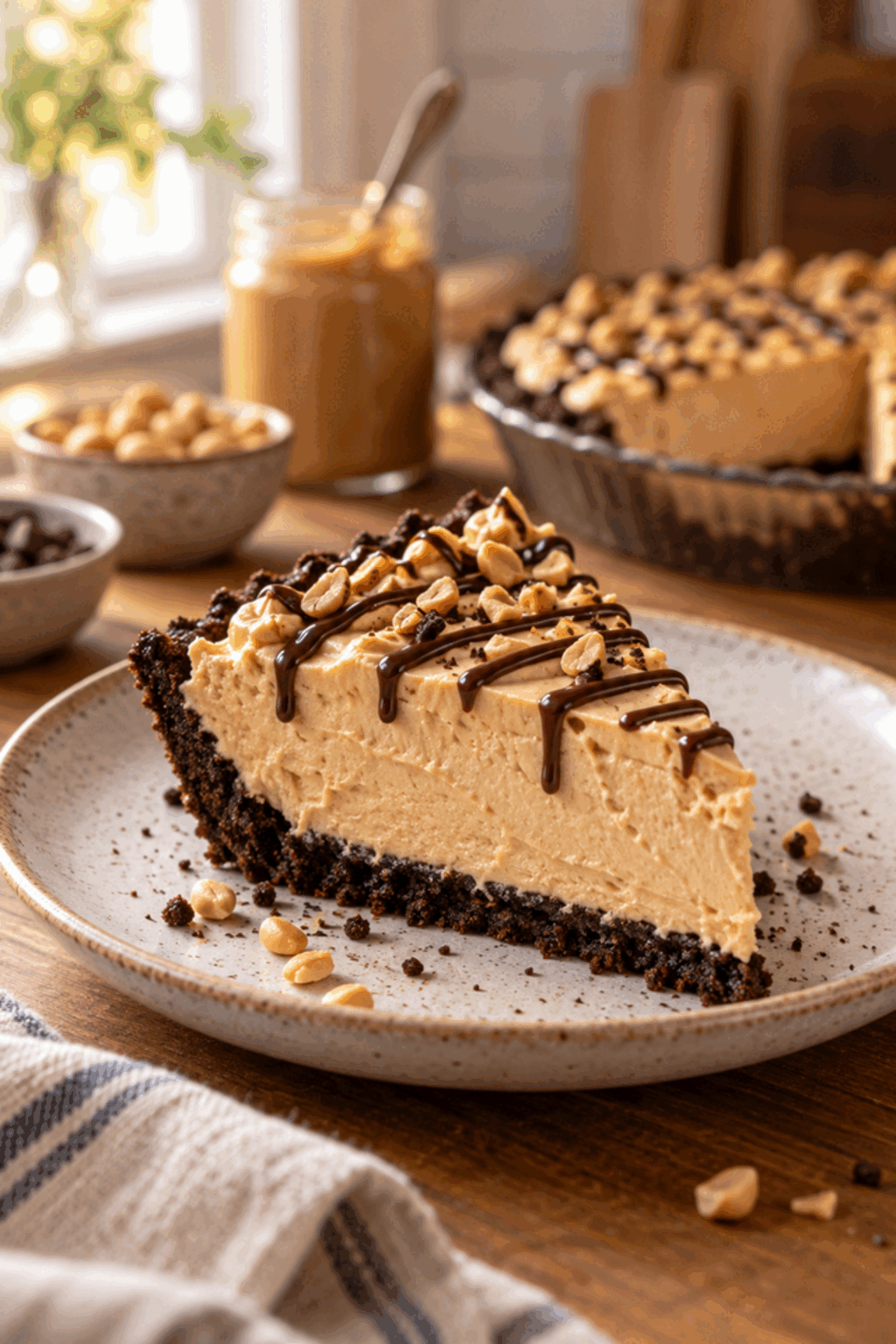 chilled peanut butter pie sliced for serving