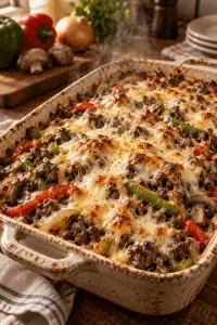 Philly cheesesteak casserole in a baking dish