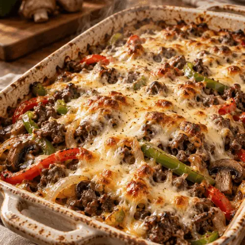 Philly cheesesteak casserole in a baking dish