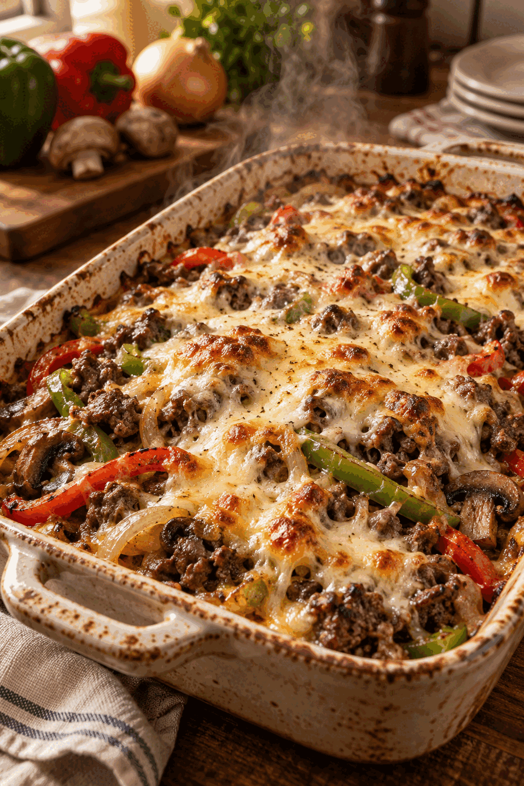 Philly cheesesteak casserole in a baking dish