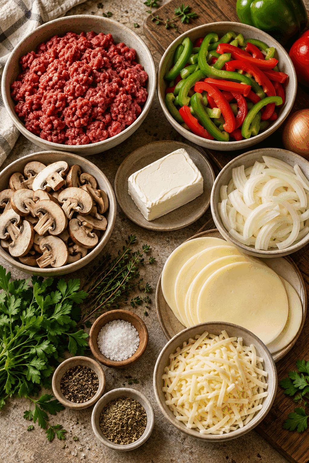 Ingredients for Philly cheesesteak casserole