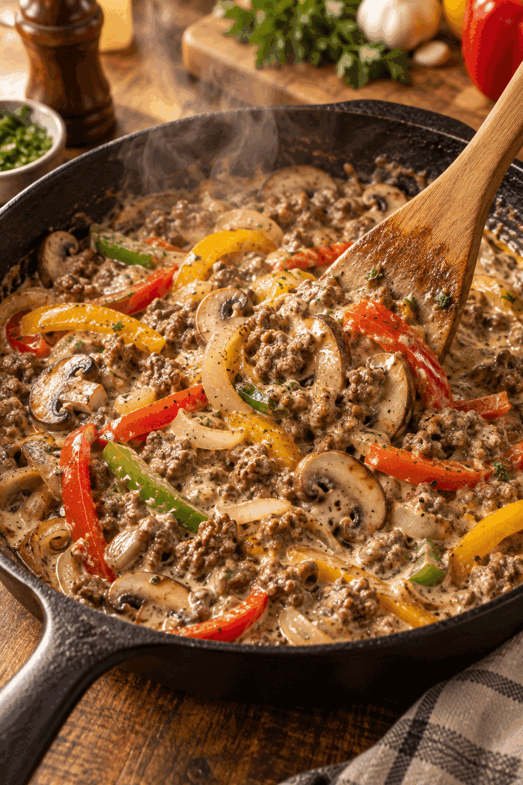 Creamy beef and vegetables for Philly cheesesteak casserole
