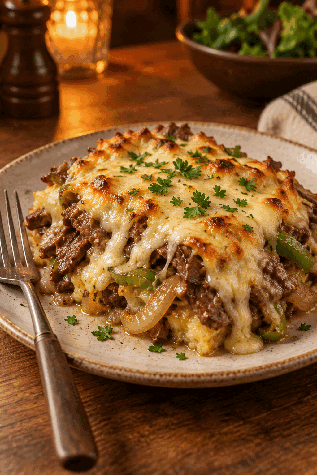 Plated Philly cheesesteak casserole with melted provolone