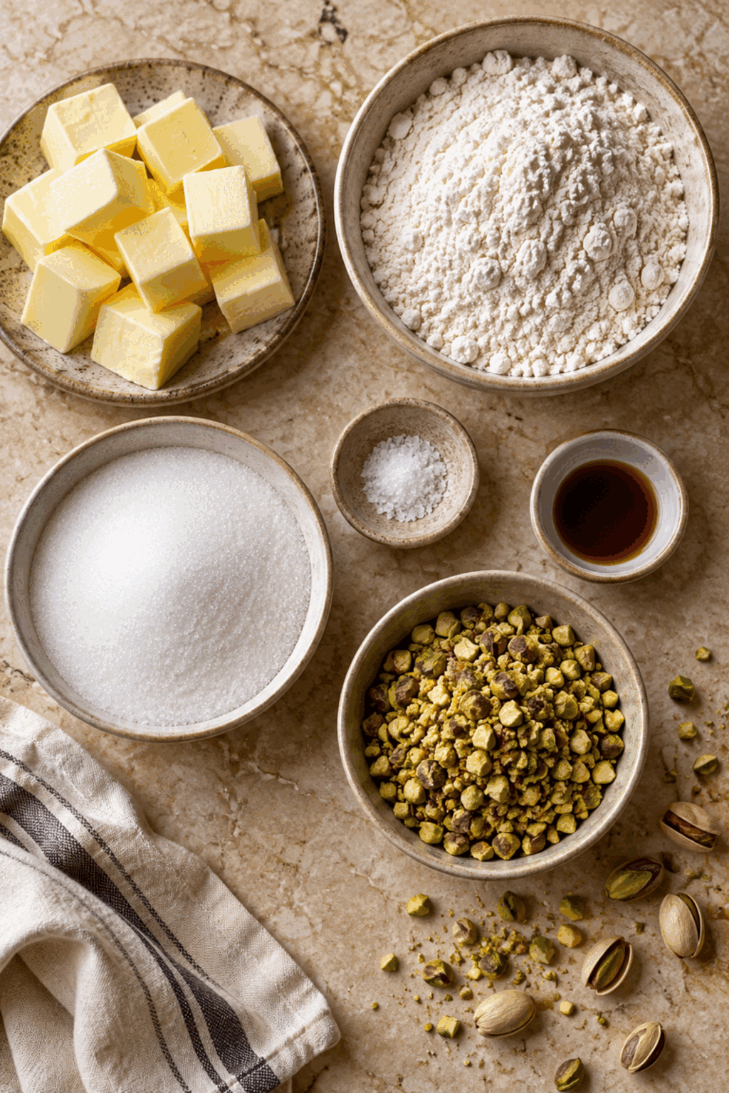 Ingredients for pistachio shortbread cookies
