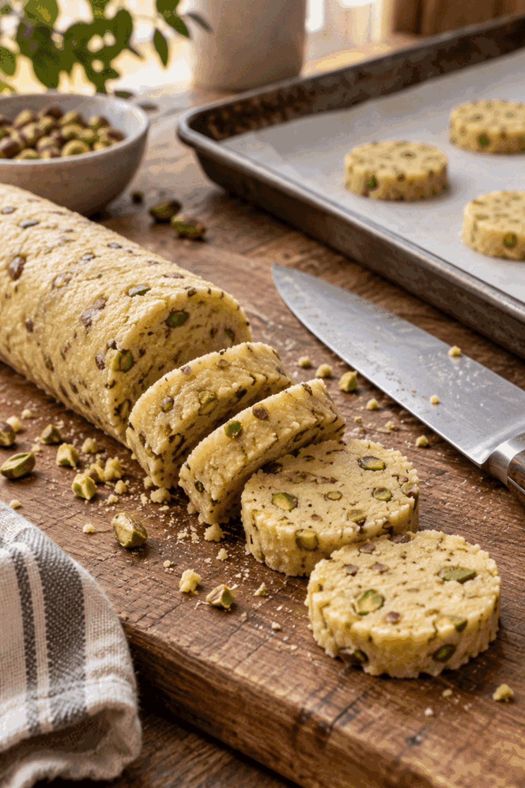 Slicing pistachio shortbread cookie dough