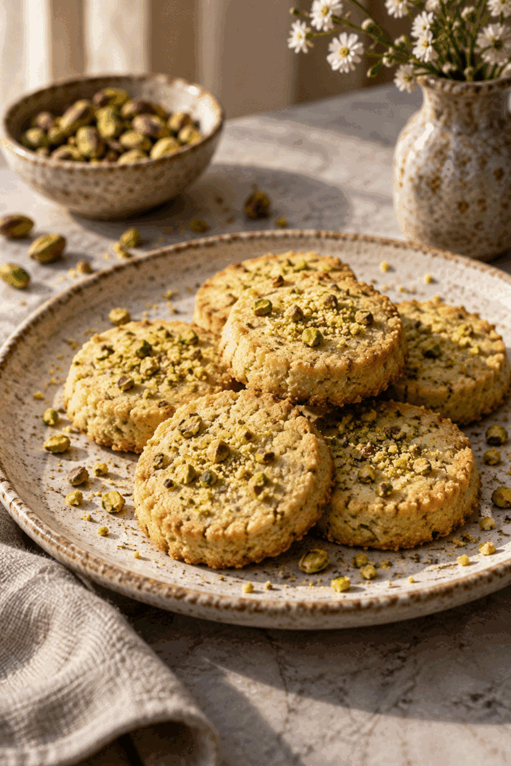 Baked pistachio shortbread cookies