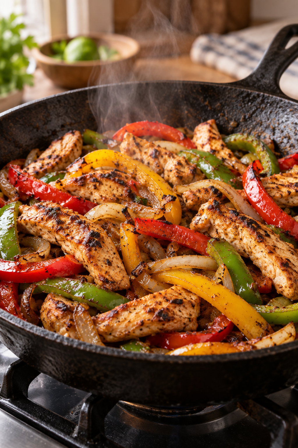 Chicken fajita skillet peppers cooking in the pan