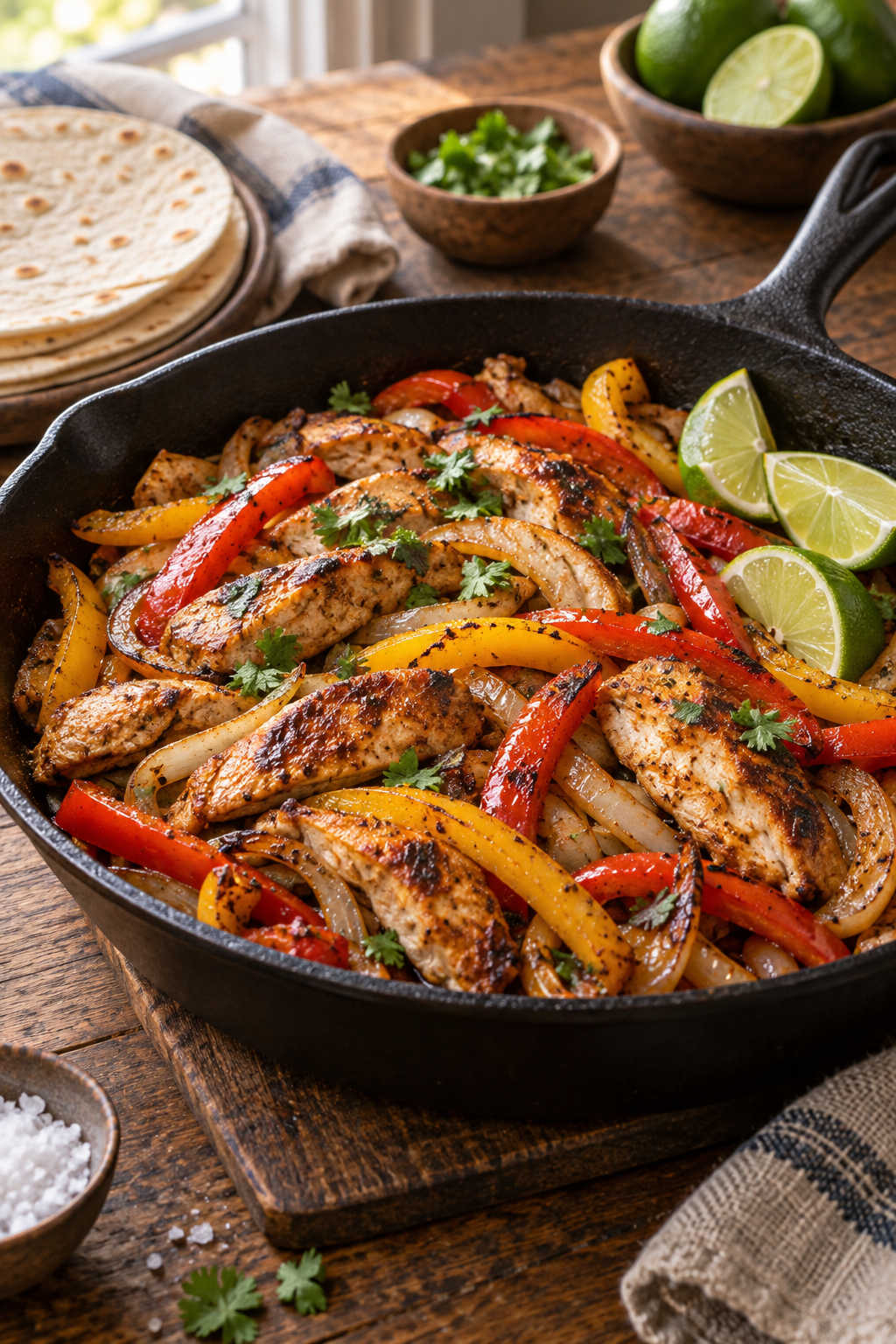 Finished chicken fajita skillet with colorful peppers and lime