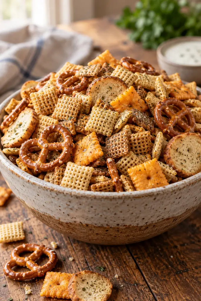 ranch Chex Mix in a serving bowl