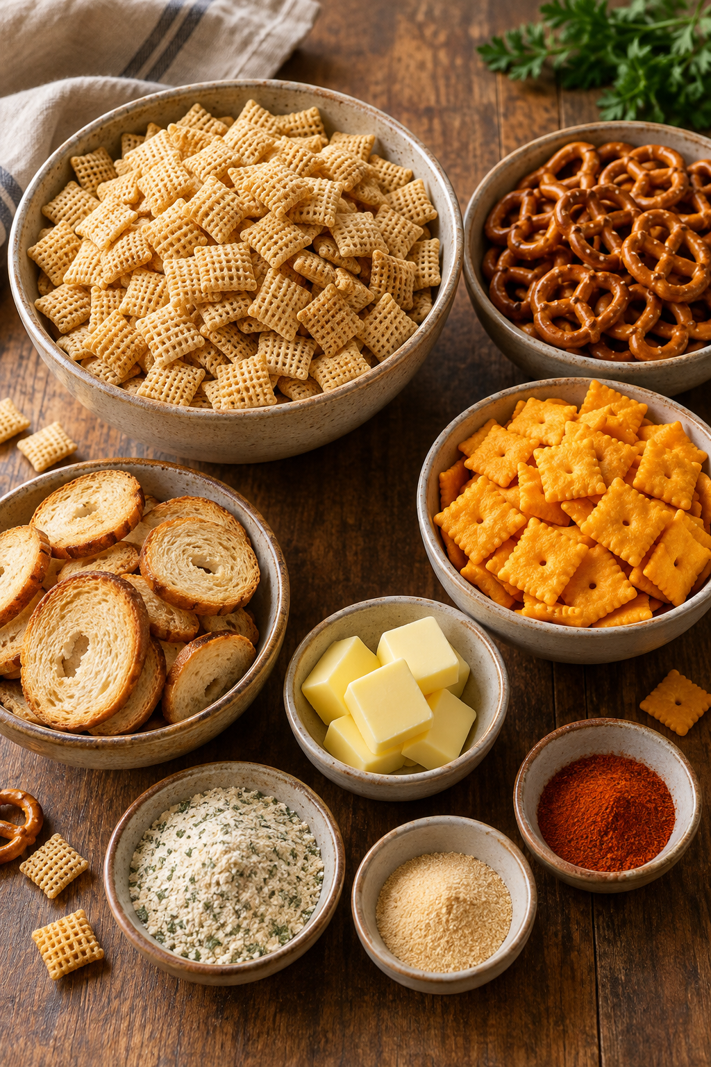 Ingredients for ranch Chex Mix with oats, peanut butter, flaxseed, and chocolate chips