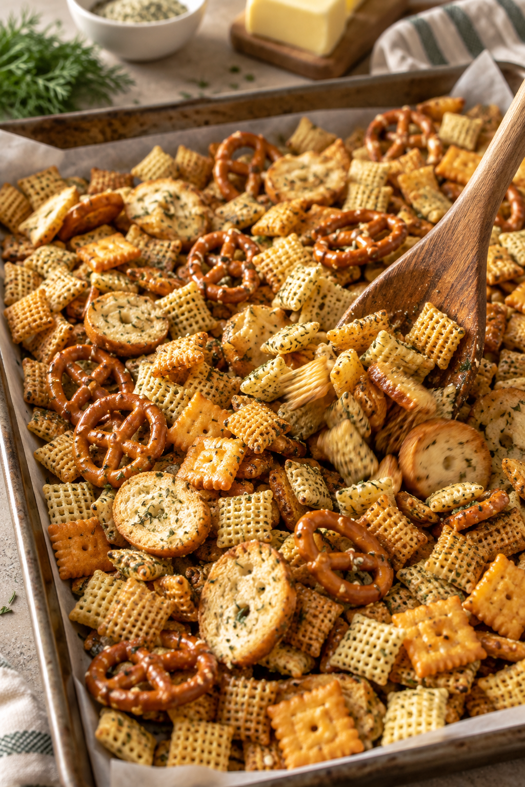 Mixing the oat and peanut butter mixture for ranch Chex Mix