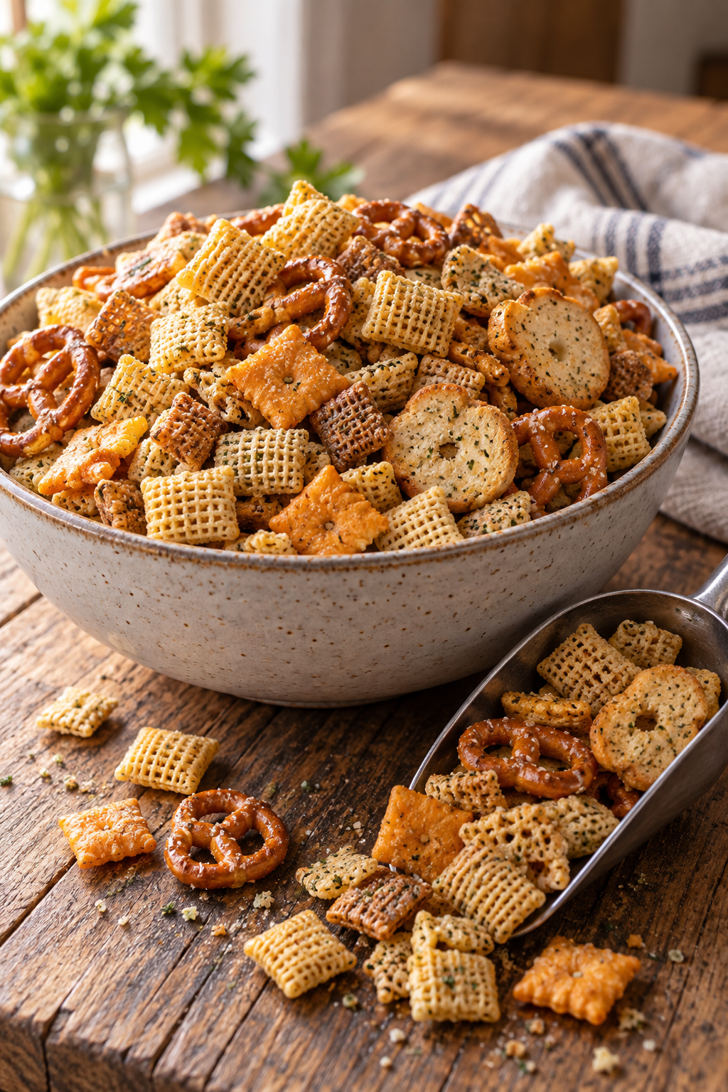 Finished ranch Chex Mix showing the chewy oat and peanut butter texture