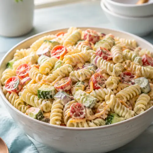ranch pasta salad recipe finished and ready to serve