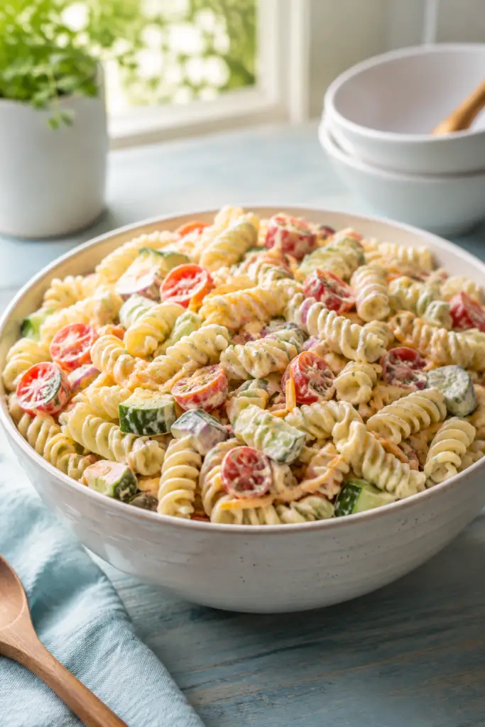 ranch pasta salad recipe finished and ready to serve