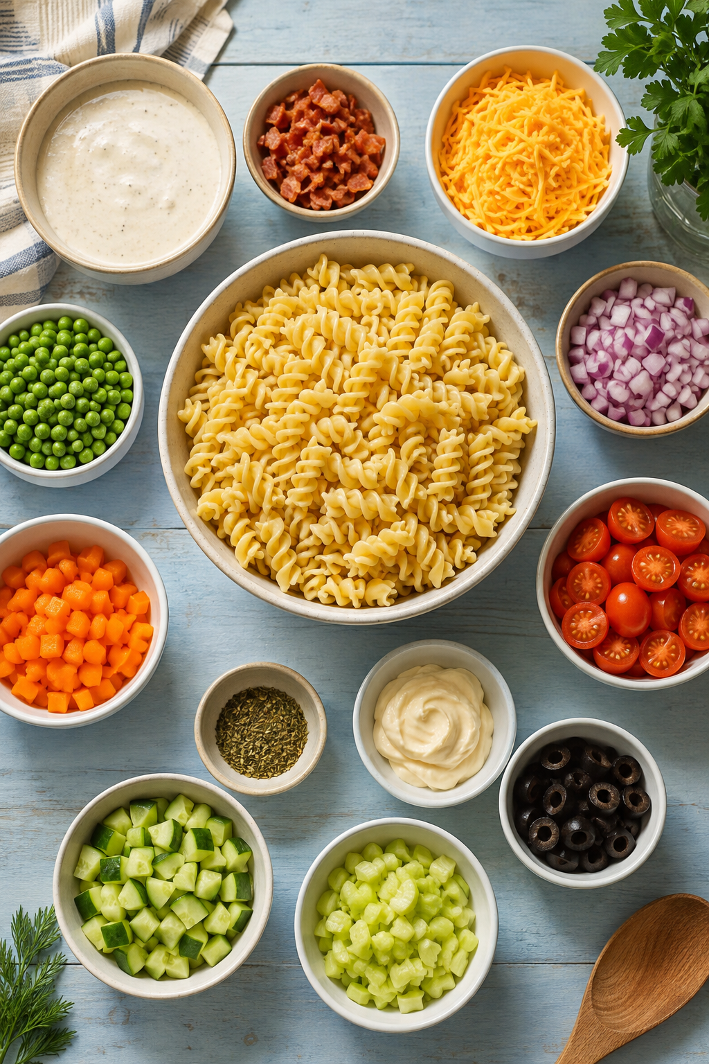 Ingredients measured for ranch pasta salad recipe