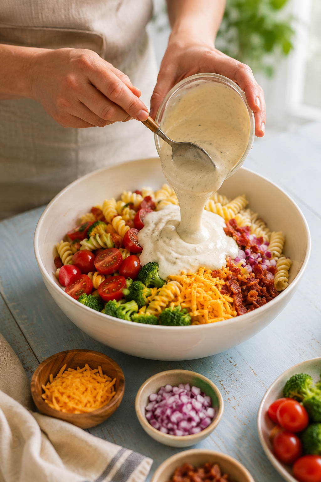 Preparing ranch pasta salad recipe step by step