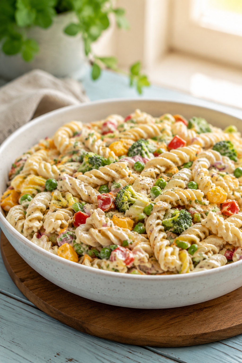Finished ranch pasta salad recipe shown close up