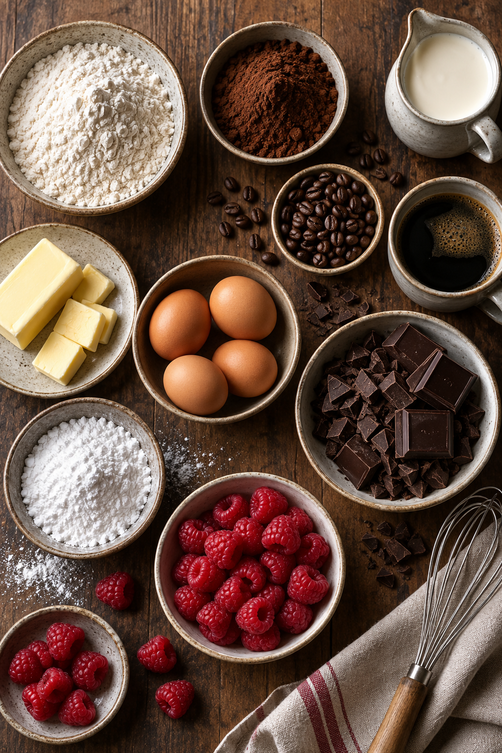 Ingredients for raspberry mocha mousse brownies arranged for baking