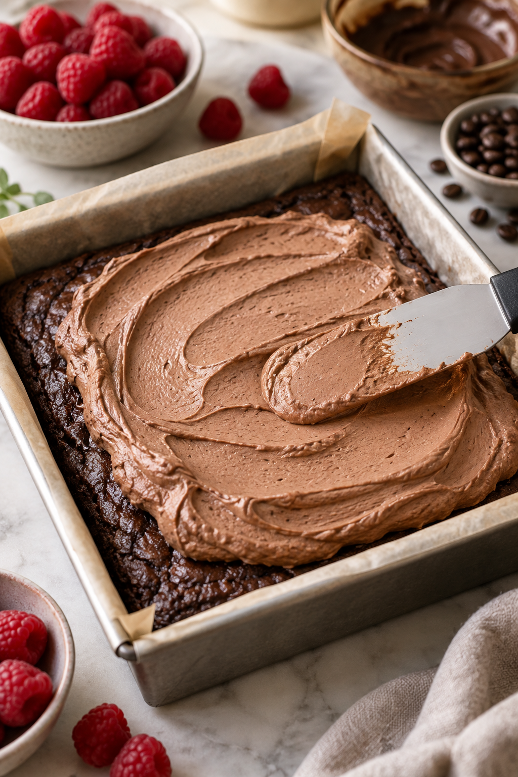 Spreading mocha mousse over a raspberry brownie base
