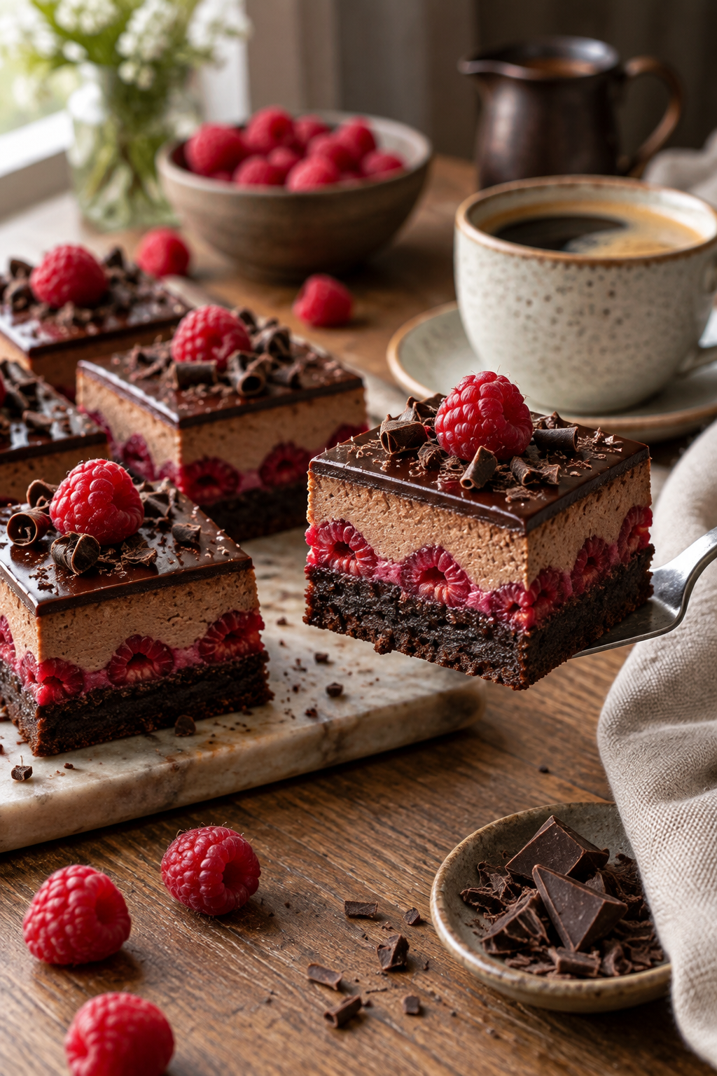 Chilled raspberry mocha mousse brownies sliced into squares