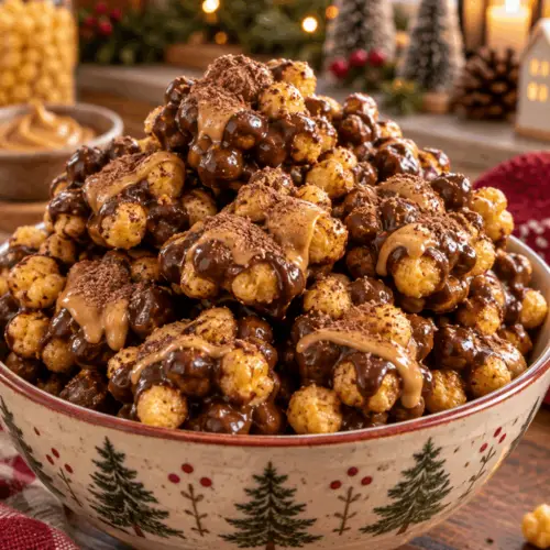 Reindeer poop recipe in a festive serving bowl