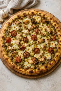 roasted garlic chicken pesto pizza ready to serve