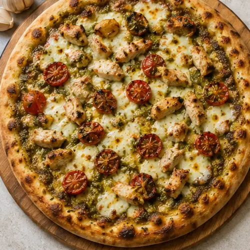 roasted garlic chicken pesto pizza ready to serve