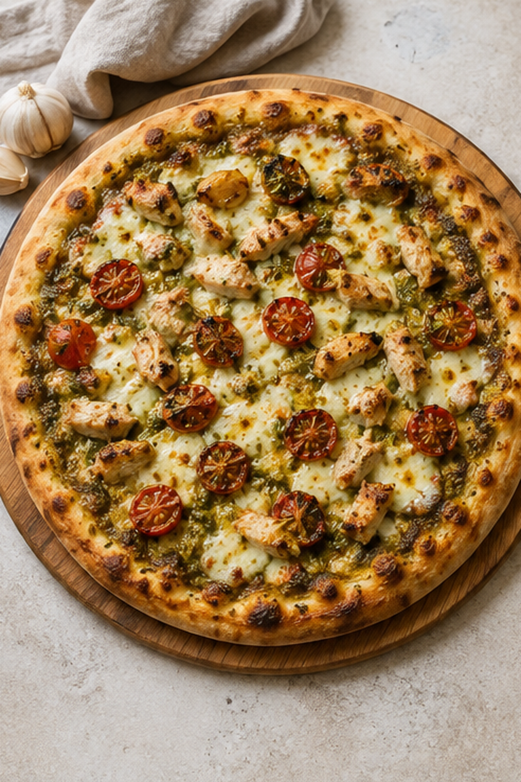 roasted garlic chicken pesto pizza ready to serve