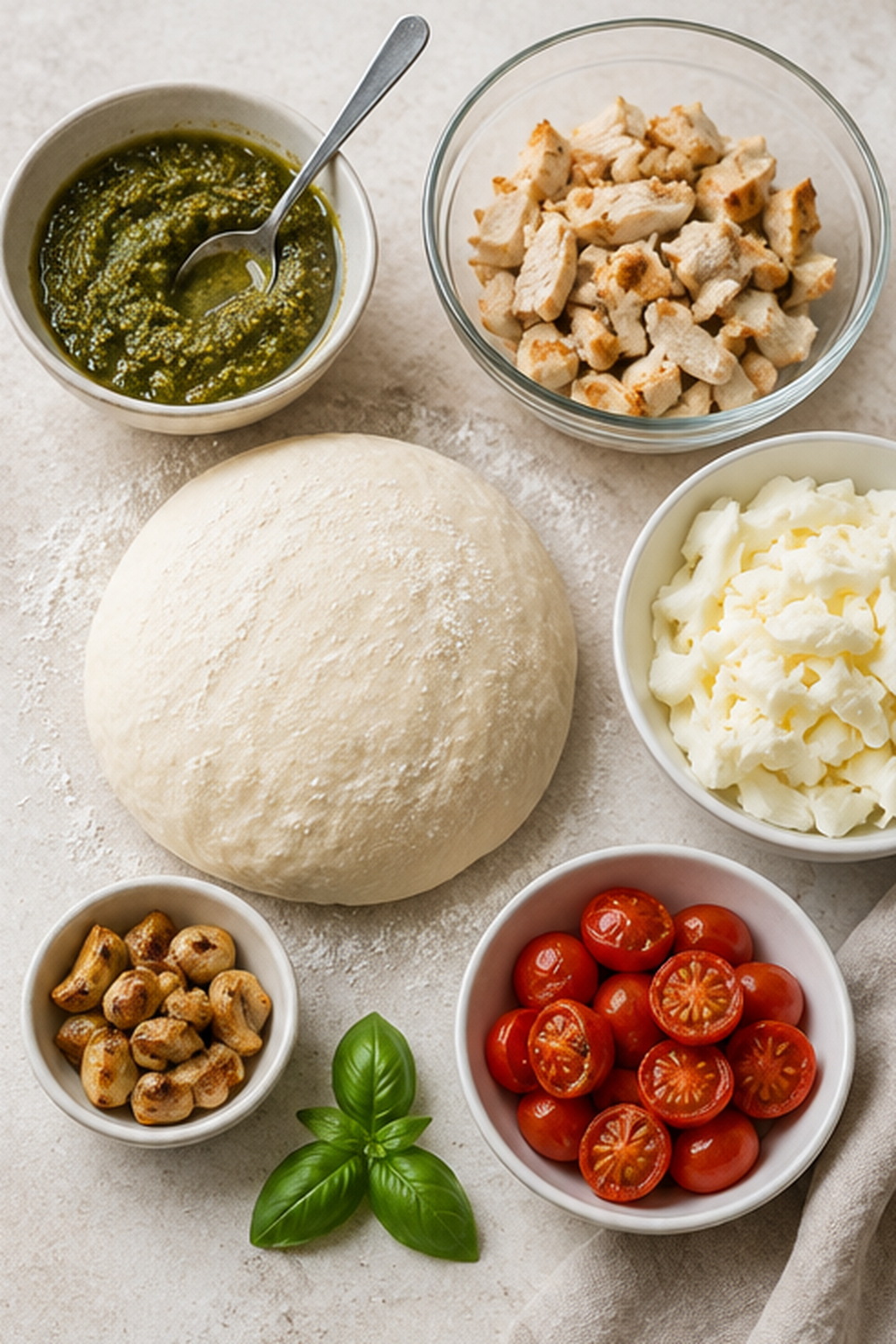Ingredients measured for roasted garlic chicken pesto pizza