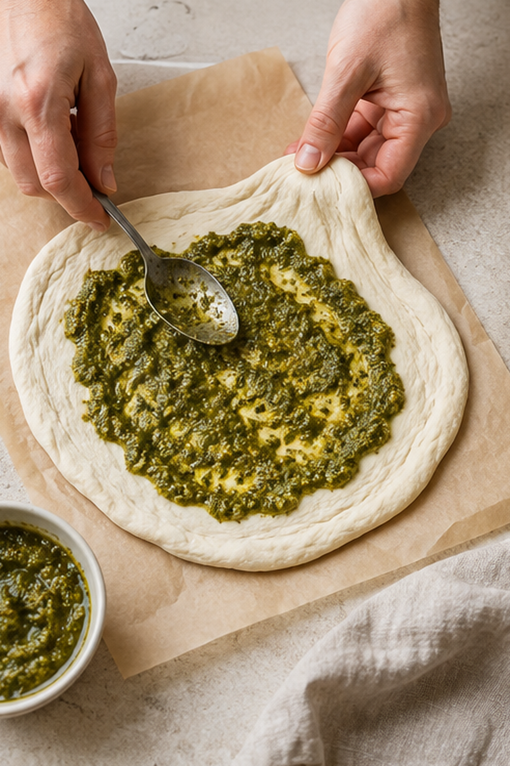 Preparing roasted garlic chicken pesto pizza step by step