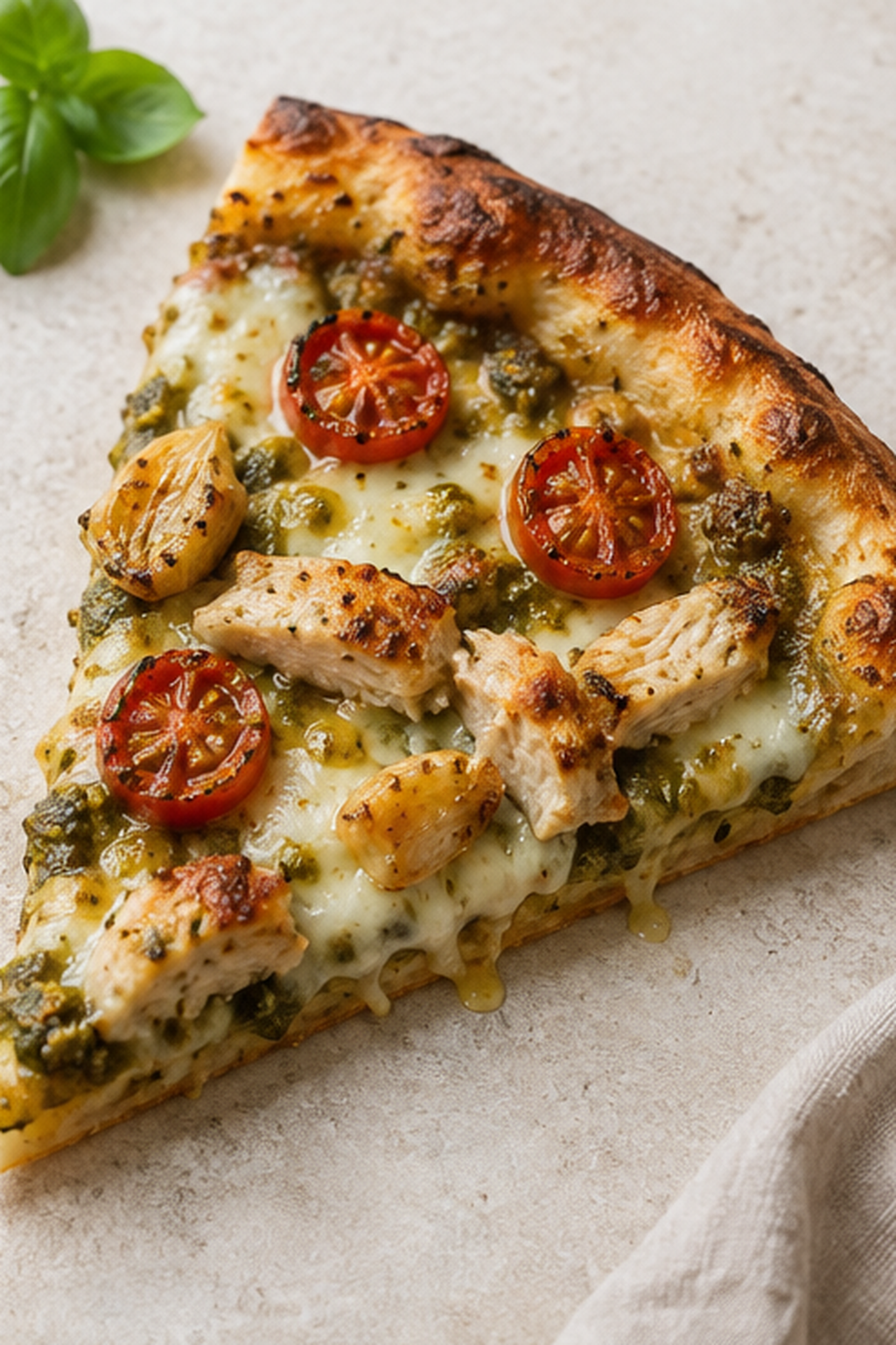 Finished roasted garlic chicken pesto pizza shown close up